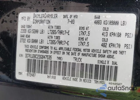 2003 Dodge Ram 2500 Slt/Laramie/St z USA, uszkodzony, nr VIN 3D7KU28C23G847535